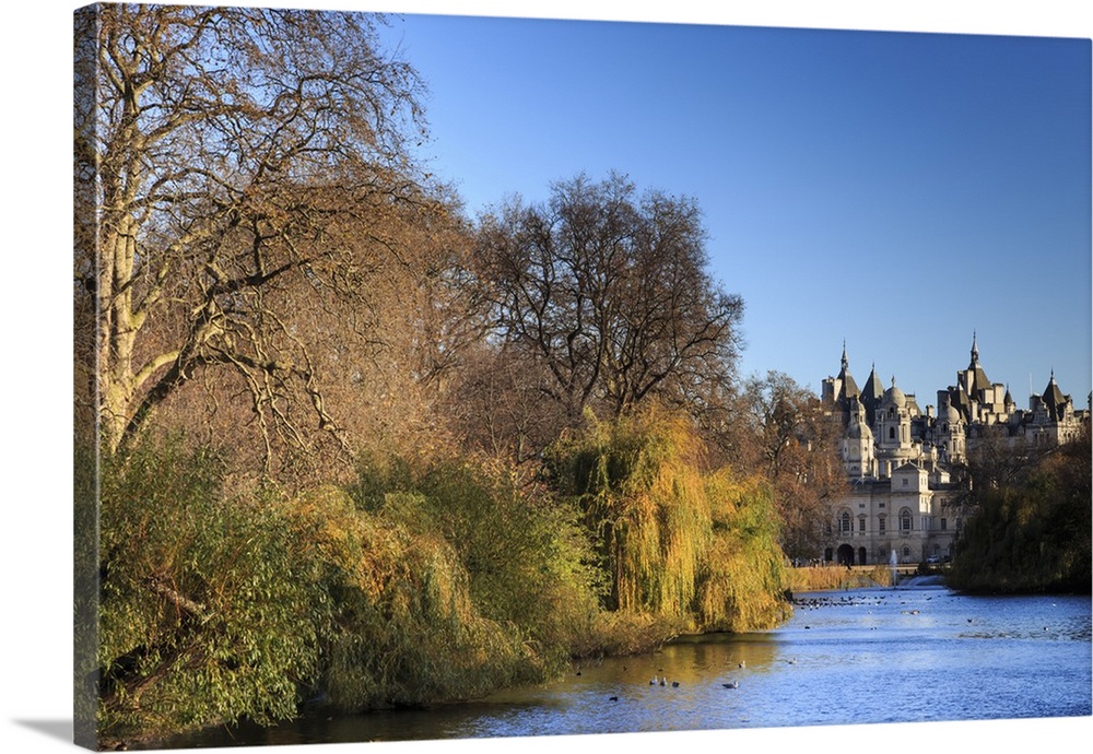 St. James's Park, with view across lake to Horse Guards, sunny late autumn, Whitehall, London, England, United Kingdom, Eu...