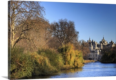 St. James's Park, with view across lake to Horse Guards, Whitehall, England
