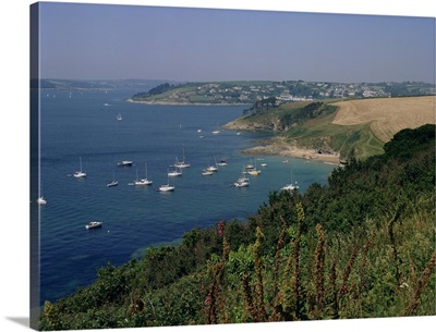 St. Mawes, mouth of River Fal, from St. Anthony headland, Cornwall, England, UK