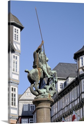 Statue of St. George slaying the dragon, Market Square, Marburg, Hesse, Germany