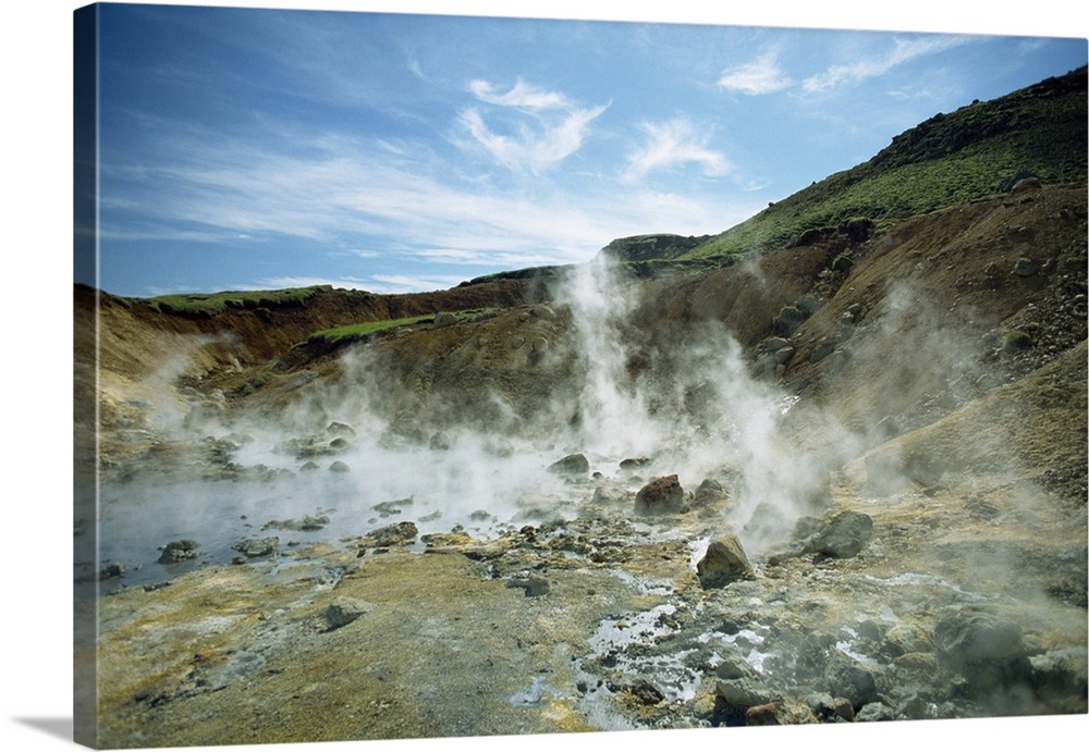 Steam rising from hot springs at Krisuvik on the south west peninsula of Iceland