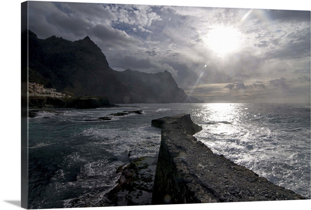 Stonewall at sunset on the coast of Santo Antao, Cape Verde, Africa