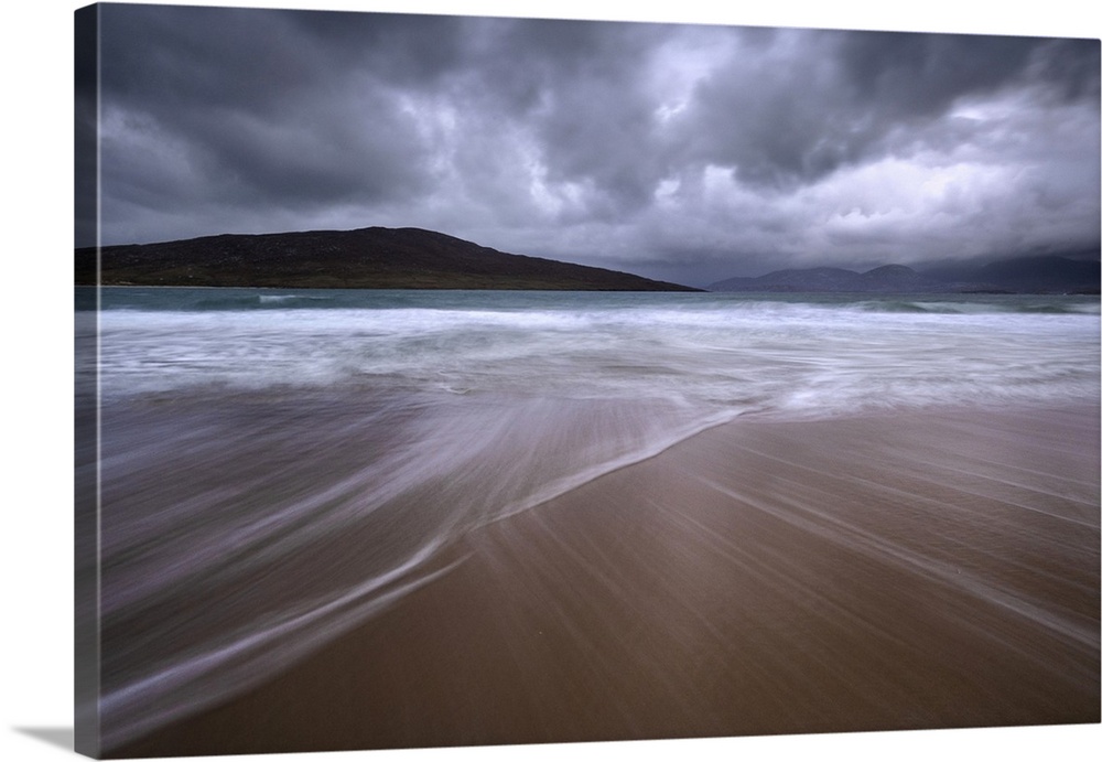 Stormy skies over the Island of Taransay from Luskentyre Beach, Isle of Harris, Outer Hebrides, Scotland, United Kingdom, ...