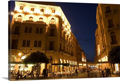 Street side cafe area, Place d'Etoile at night, downtown, Beirut, Lebanon