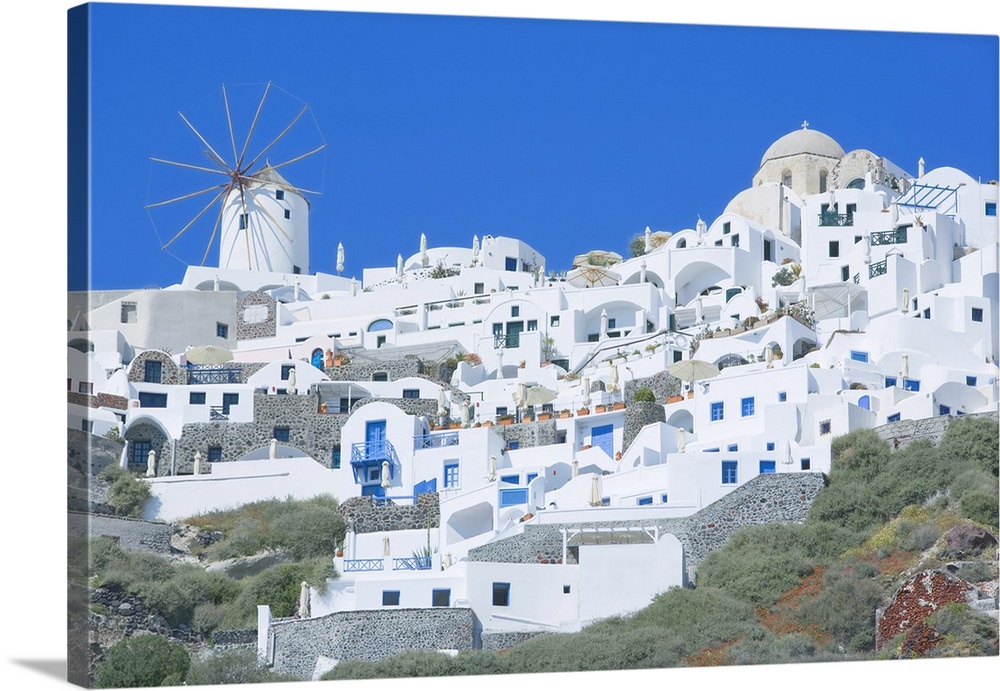Stuccoed houses and windmill, Oia, Santorini, Cyclades Islands, Greek Islands, Greece, Europe