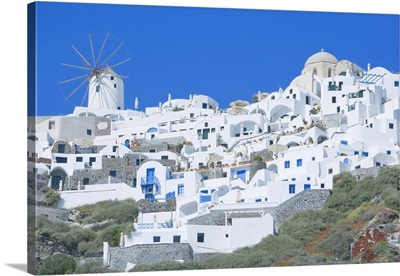 Stuccoed Houses And Windmill, Oia, Santorini, Cyclades Islands, Greek Islands, Greece