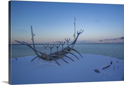 Sun Voyager Sculpture At Dusk In The City Centre In Winter, Reykjavik, Iceland