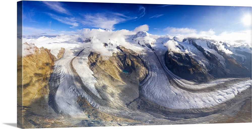 Sunny clear sky over Gorner Glacier (Gornergletscher), aerial view, Zermatt, canton of Valais, Switzerland, Europe