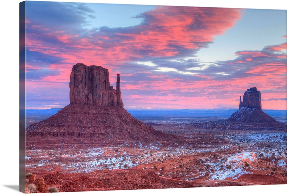 Sunrise, West Mitten Butte on left and East Mitten Butte on right, Monument Valley Navajo Tribal Park, Utah