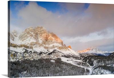 Sunrise, Monte Cristallo, Passo Tre Croci Surrounded By Snowy Woods, Dolomites, Italy