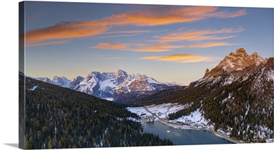 Sunrise Over The Snowy Woods Surrounding Lake Misurina And Sorapis, Dolomites, Italy