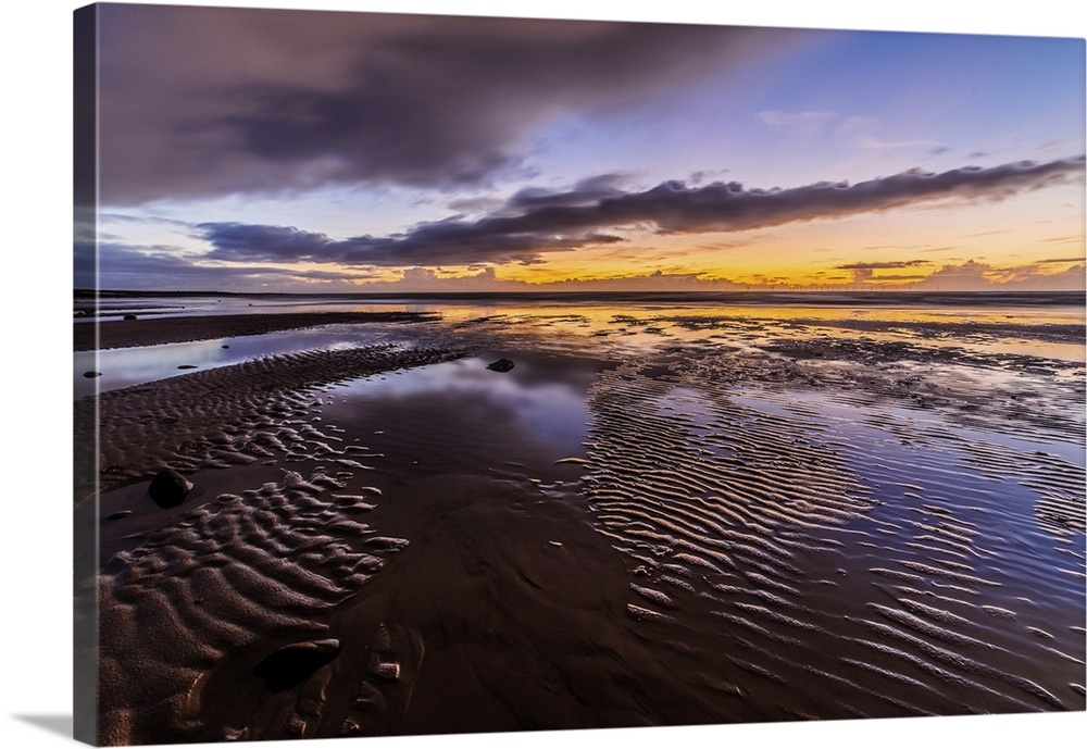 Sunset across the Irish Sea and Furness Peninsula, from Sandy Gap, Walney Island, Cumbrian Coast, Cumbria, England, United...