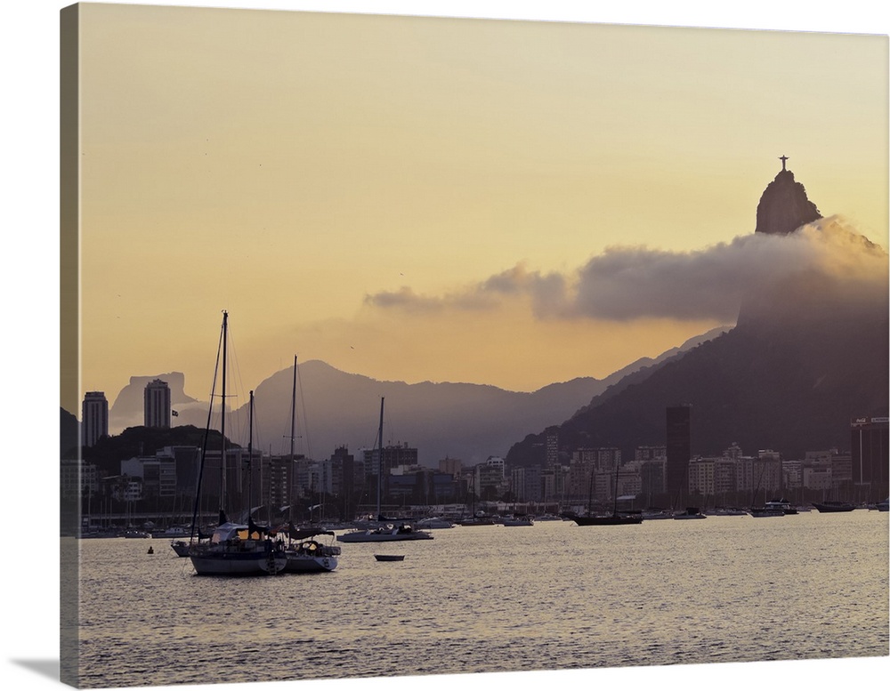 Sunset over Botafogo Bay and Corcovado Mountain viewed from Urca, Rio de Janeiro, Brazil, South America