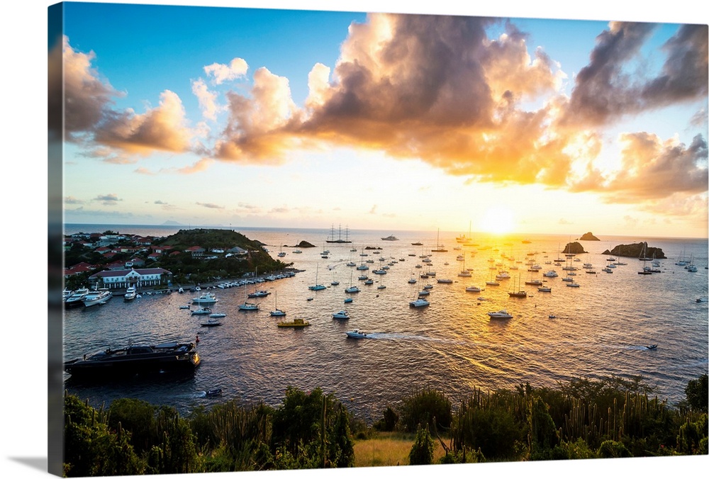 Sunset over the luxury yachts, in the harbour of Gustavia, St. Barth, Lesser Antilles, West Indies, Caribbean