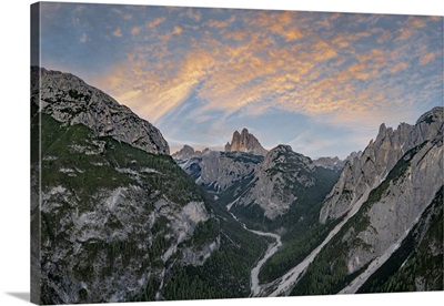 Sunset Over Tre Cime Di Lavaredo And Woods, Italy
