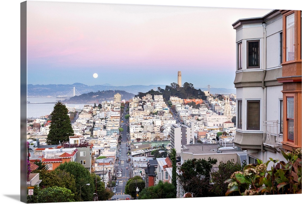 Super moon and view to Bay Area, including San Francisco-Oakland Bay Bridge, San Francisco, California