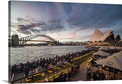 Sydney Harbour with the Harbour Bridge and Opera House after sunset, Australia