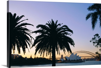 Sydney Opera House and Harbour Bridge at dusk, Sydney, New South Wales, Australia