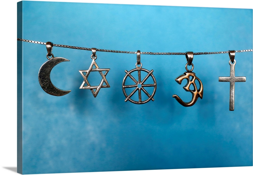 Symbols of Islam, Judaism, Buddhism, Hinduism and Christianity, Eure, France, Europe.