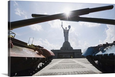 Tanks on display and Rodina Mat monument, Kiev, Ukraine