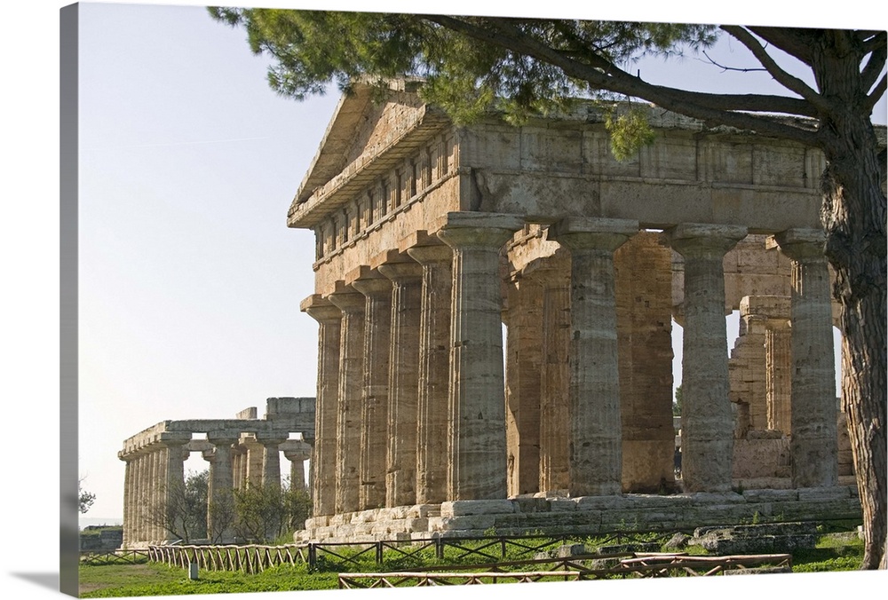 Temple of Poseidon (Neptune),Temple of Hera (Basilica) beyond, Paestum, Campania, Italy