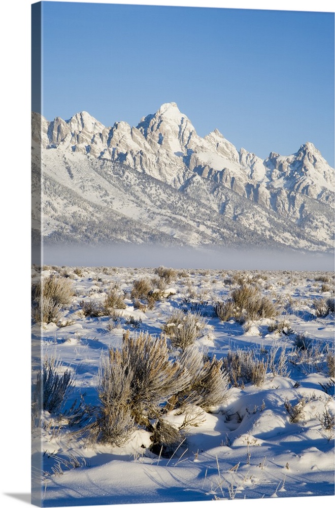 Tetons with first light in the valley with snow, Grand Teton National Park, Wyoming