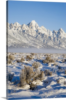 Tetons with first light in the valley with snow, Grand Teton National Park, Wyoming