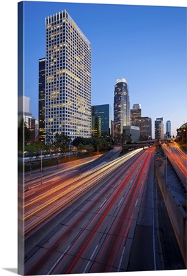 The 110 Harbour Freeway and Downtown Los Angeles skyline, California