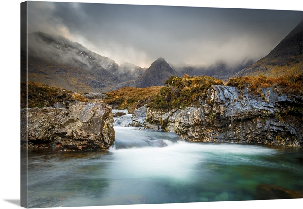 The Black Cuillin mountains in Glen Brittle from the Fairy Pools, Isle of Skye, Inner Hebrides, Scotland, United Kingdom, ...
