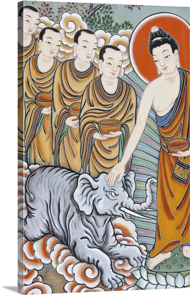 The Buddha taming an elephant, depicted in the Life of Buddha, Seoul, South Korea, Asia.