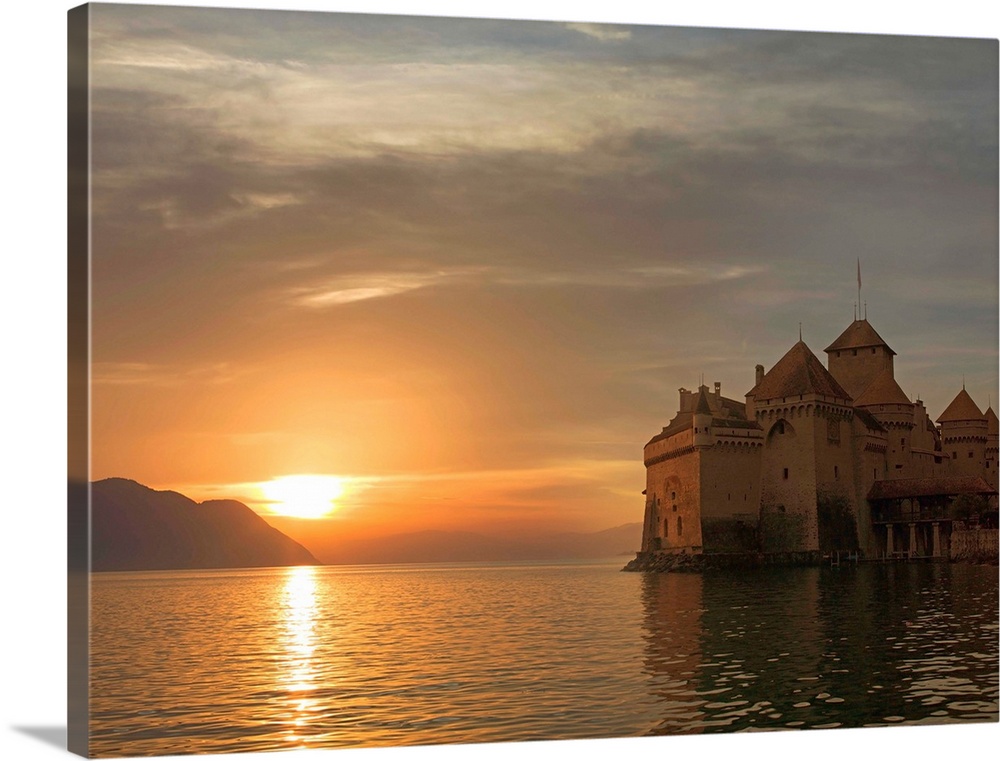 The Castle of Chillon, on Lake Geneva at sunset, Canton Vaud, Switzerland