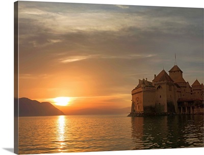 The Castle of Chillon, on Lake Geneva at sunset, Canton Vaud, Switzerland