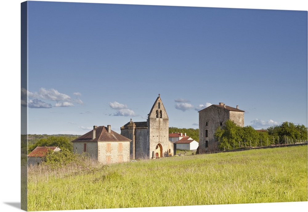 The church, reportedly owned by the Knights Templar, and old priory in Sainte Croix de Beaumont, Dordogne, France, Europe