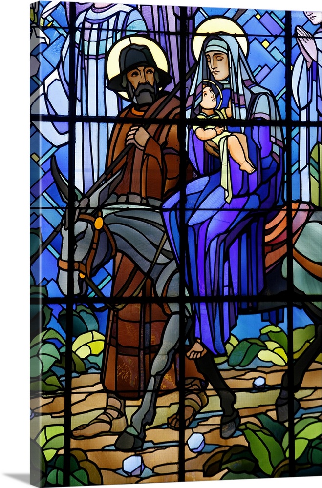 Stained glass window of the Flight into Egypt, in Chedde church, Haute Savoie, France, Europe.