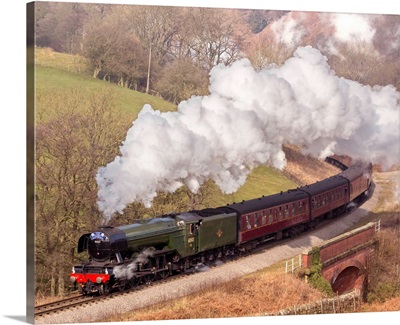 The Flying Scotsman steam locomotive arriving at Goathland station, Yorkshire, England