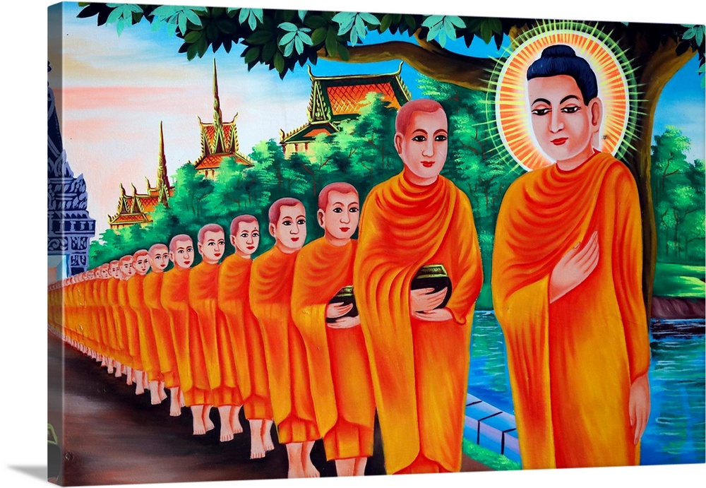 The Life of the Buddha, Siddhartha Gautama, mural showing a visit to Rajagaha City, where the Buddha went for alms, Chau D...