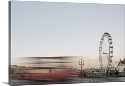 The London Eye, Red London Bus On Westminster Bridge, London, England