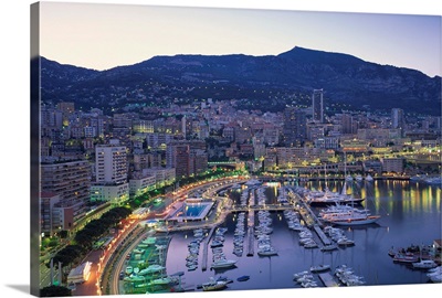 The marina, waterfront and town of Monte Carlo in the evening, Monaco