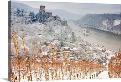 The Rhine River, Pfalz Castle in winter, Rheinland-Pfalz, Germany