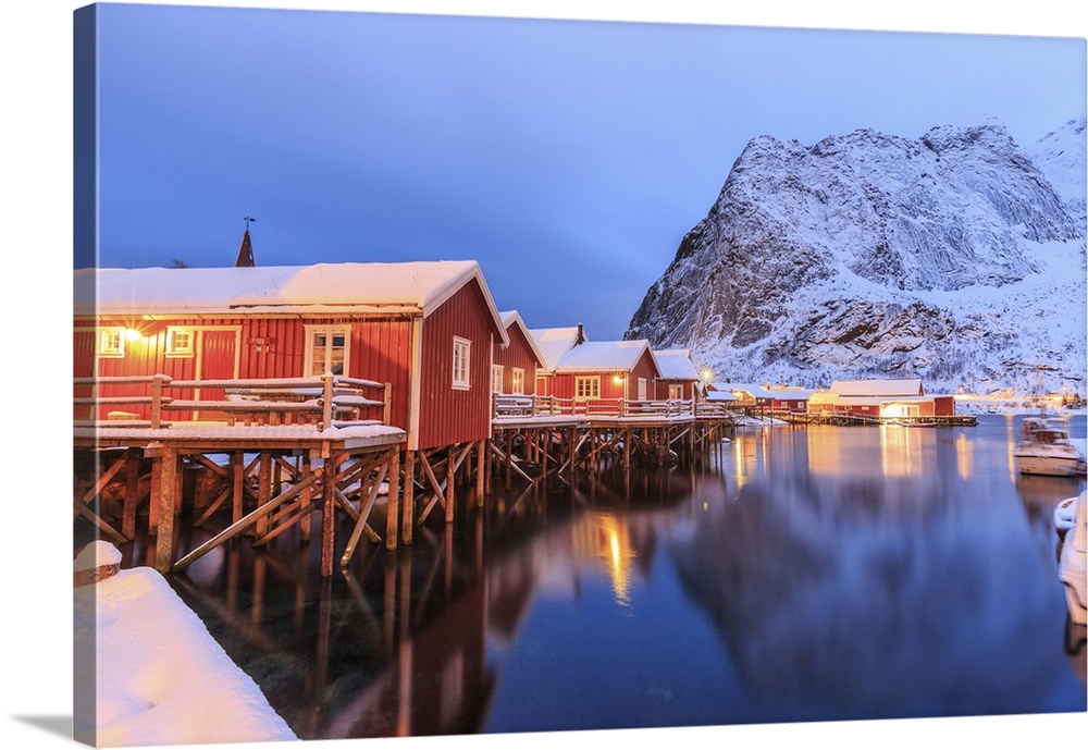 The Rorbu, the Norwegian red houses built on stilts in the bay of Reine in the Lofoten Islands, Arctic, Norway, Scandinavi...