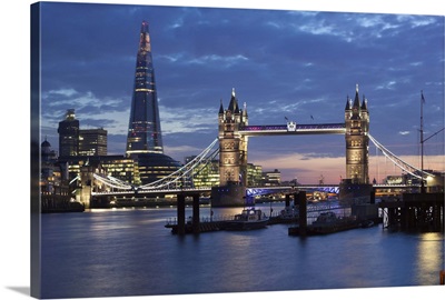 The Shard and Tower Bridge on the River Thames at night, London, England