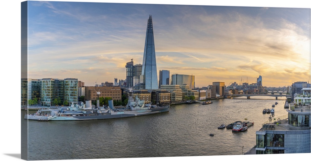 View of The Shard, HMS Belfast and River Thames from Cheval Three Quays at sunset, London, England, United Kingdom, Europe