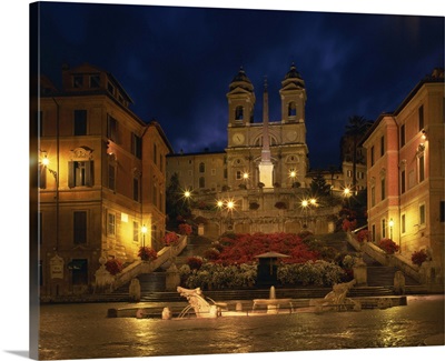 The Spanish Steps illuminated at night in the city of Rome, Lazio, Italy