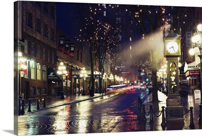 The Steam Clock at night on Water Street, Gastown, Vancouver, British Columbia, Canada