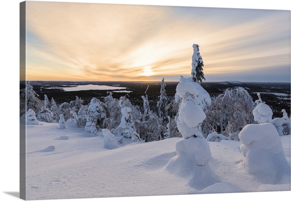 The sun frames the snowy landscape and woods in the cold arctic winter, Ruka, Kuusamo, Ostrobothnia region, Lapland, Finland