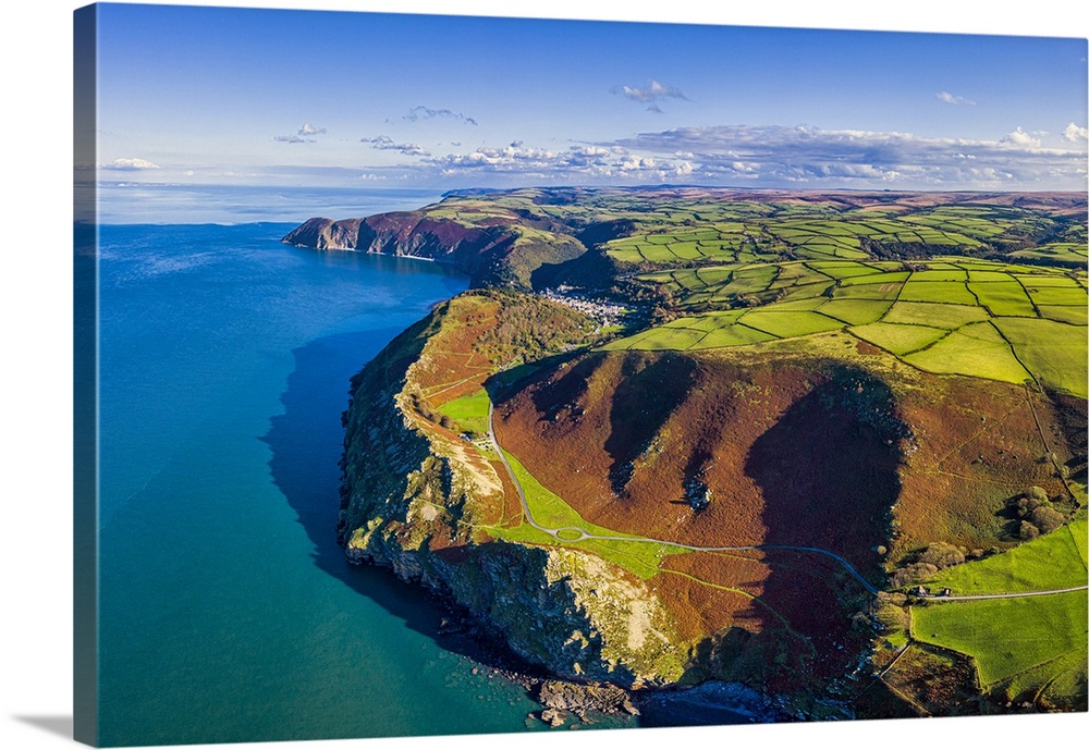 Aerial view over the Valley of the Rocks and Lynton, Exmoor National Park, North Devon, England, United Kingdom, Europe