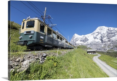 The Wengernalpbahn rack railway runs across meadows and snowy peaks, Switzerland
