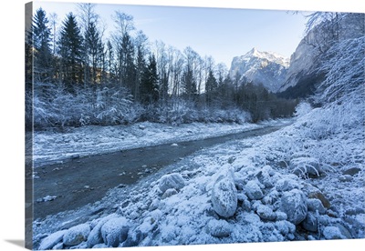 The Wetterhorn and frosted river, Grindelwald village, Switzerland