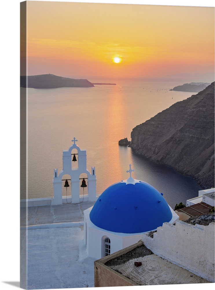 Three Bells of Fira, iconic blue domed church at sunset, Fira, Santorini (Thira) Island, Cyclades, Greek Islands, Greece, ...