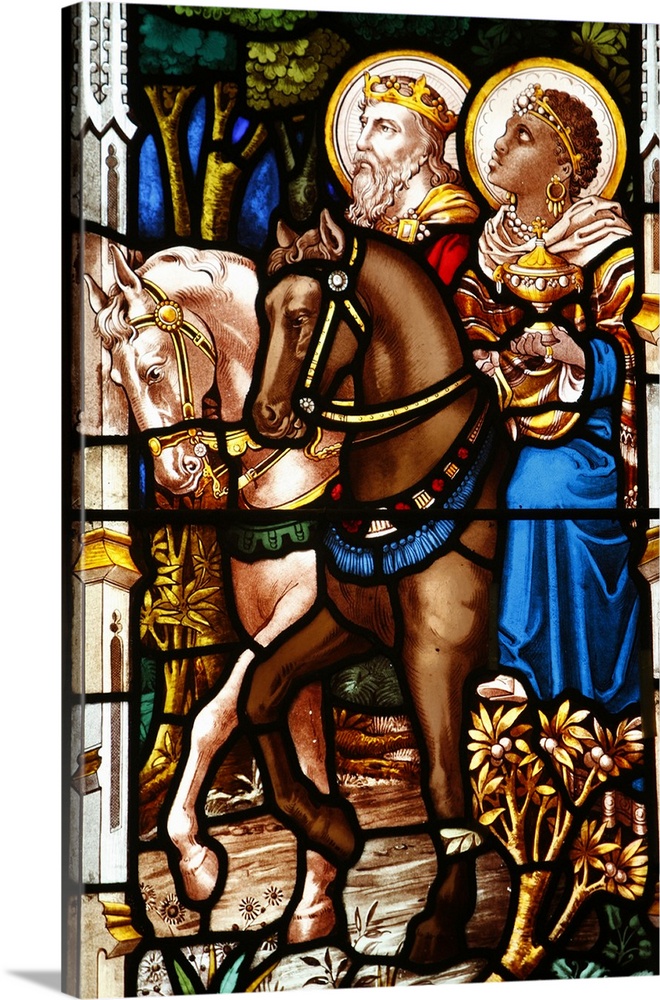 Three Wise Men on horses bearing gifts, 19th century stained glass in St. John's Anglican church, Sydney, New South Wales,...
